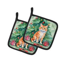 Load image into Gallery viewer, Cheetoh Cat By the Christmas Tree Pot Holders - Set of 2 Decorative Kitchen Helpers | Made in the USA