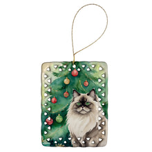 Load image into Gallery viewer, Colorpoint Longhair Cat By the Christmas Tree Porcelain Ornament