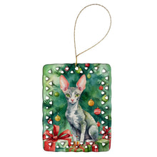 Load image into Gallery viewer, Cornish Rex Cat By the Christmas Tree Porcelain Ornament