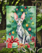 Load image into Gallery viewer, Cornish Rex Christmas Garden Flag - Cat by the Christmas Tree - Cat-Themed Holiday Yard Decor