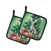 Load image into Gallery viewer, Cornish Rex Cat By the Christmas Tree Pot Holders - Set of 2 Decorative Kitchen Helpers | Made in the USA