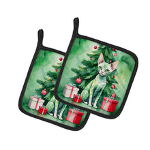Load image into Gallery viewer, Devon Rex Cat By the Christmas Tree Pot Holders - Set of 2 Decorative Kitchen Helpers | Made in the USA