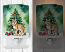 Load image into Gallery viewer, Highlander Lynx Cat By the Christmas Tree Ceramic Night Light
