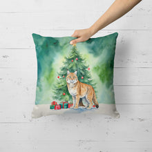 Load image into Gallery viewer, Highlander Lynx Cat By the Christmas Tree Throw Pillow