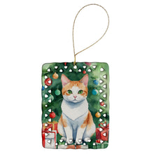 Load image into Gallery viewer, Japanese Bobtail Cat By the Christmas Tree Porcelain Ornament