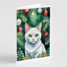 Load image into Gallery viewer, Khao Manee Cat By the Christmas Tree Greeting Cards - Blank Note Cards – 8-Pack of Artist-Designed Cards with Envelopes
