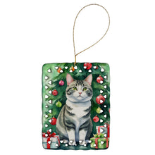 Load image into Gallery viewer, Korean Bobtail Cat By the Christmas Tree Porcelain Ornament