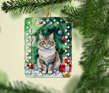 Load image into Gallery viewer, Kurilian Bobtail Cat By the Christmas Tree Porcelain Ornament