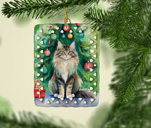 Load image into Gallery viewer, MaineCoon Cat By the Christmas Tree Porcelain Ornament