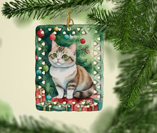 Load image into Gallery viewer, Munchkin Cat By the Christmas Tree Porcelain Ornament