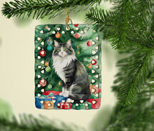 Load image into Gallery viewer, Norwegian Forest Cat By the Christmas Tree Porcelain Ornament