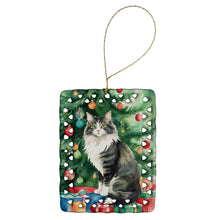 Load image into Gallery viewer, Norwegian Forest Cat By the Christmas Tree Porcelain Ornament