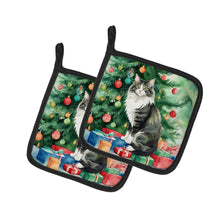 Load image into Gallery viewer, Norwegian Forest Cat By the Christmas Tree Pot Holders - Set of 2 Decorative Kitchen Helpers | Made in the USA