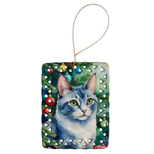 Load image into Gallery viewer, Ojos Azules Cat By the Christmas Tree Porcelain Ornament