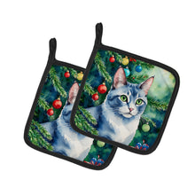 Load image into Gallery viewer, Ojos Azules Cat By the Christmas Tree Pot Holders - Set of 2 Decorative Kitchen Helpers | Made in the USA