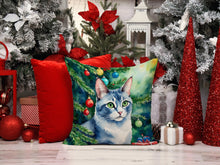 Load image into Gallery viewer, Ojos Azules Cat By the Christmas Tree Throw Pillow