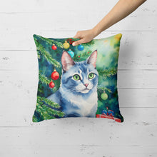 Load image into Gallery viewer, Ojos Azules Cat By the Christmas Tree Throw Pillow