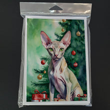 Load image into Gallery viewer, Peterbald Cat By the Christmas Tree Greeting Cards - Blank Note Cards – 8-Pack of Artist-Designed Cards with Envelopes