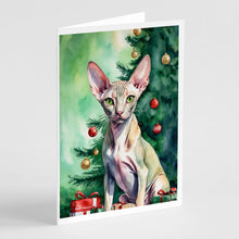 Load image into Gallery viewer, Peterbald Cat By the Christmas Tree Greeting Cards - Blank Note Cards – 8-Pack of Artist-Designed Cards with Envelopes