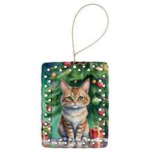 Load image into Gallery viewer, Pixie Bob Cat By the Christmas Tree Porcelain Ornament