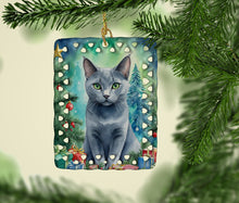 Load image into Gallery viewer, Russian Blue Cat By the Christmas Tree Porcelain Ornament