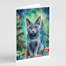 Load image into Gallery viewer, Russian Blue Cat By the Christmas Tree Greeting Cards - Blank Note Cards – 8-Pack of Artist-Designed Cards with Envelopes
