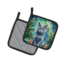 Load image into Gallery viewer, Russian Blue Cat By the Christmas Tree Pot Holders - Set of 2 Decorative Kitchen Helpers | Made in the USA