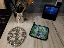 Load image into Gallery viewer, Russian Blue Cat By the Christmas Tree Pot Holders - Set of 2 Decorative Kitchen Helpers | Made in the USA