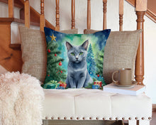 Load image into Gallery viewer, Russian Blue Cat By the Christmas Tree Throw Pillow - 14x14 Decorative Pillow – Art for Your Home &amp; Patio