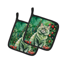 Load image into Gallery viewer, Selkirk Rex Cat By the Christmas Tree Pot Holders - Set of 2 Decorative Kitchen Helpers | Made in the USA