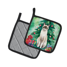 Load image into Gallery viewer, Snowshoe Cat By the Christmas Tree Pot Holders - Set of 2 Decorative Kitchen Helpers | Made in the USA