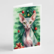 Load image into Gallery viewer, Sphynx Cat By the Christmas Tree Greeting Cards - Blank Note Cards – 8-Pack of Artist-Designed Cards with Envelopes