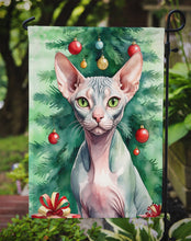 Load image into Gallery viewer, Sphynx Cat Christmas Garden Flag - Cat by the Christmas Tree - Cat-Themed Holiday Yard Decor