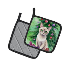 Load image into Gallery viewer, Thai Lilac Cat By the Christmas Tree Pot Holders - Set of 2 Decorative Kitchen Helpers | Made in the USA