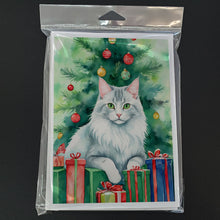 Load image into Gallery viewer, Turkish Angora Cat By the Christmas Tree Greeting Cards - Blank Note Cards – 8-Pack of Artist-Designed Cards with Envelopes