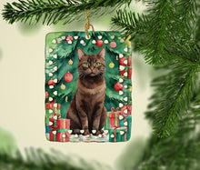 Load image into Gallery viewer, York Chocolate Cat By the Christmas Tree Porcelain Ornament
