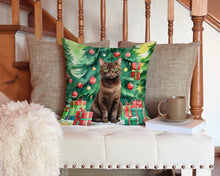 Load image into Gallery viewer, York Chocolate Cat By the Christmas Tree Throw Pillow - 14x14 Decorative Pillow – Art for Your Home &amp; Patio
