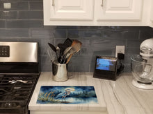 Load image into Gallery viewer, Blue Heron Under the Moonlight Glass Cutting Boards – Durable, Decorative Kitchen Art