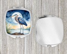 Load image into Gallery viewer, Blue Heron Under the Moonlight Compact Mirror – Stylish Purse Mirror with Artistic Covers