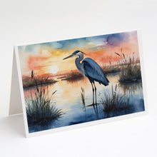 Load image into Gallery viewer, Blue Heron Setting Sun Greeting Cards - Blank Note Cards – 8-Pack of Artist-Designed Cards with Envelopes