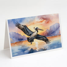 Load image into Gallery viewer, Pelican Fyling at Sunrise Greeting Cards - Blank Note Cards – 8-Pack of Artist-Designed Cards with Envelopes