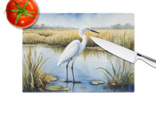 Load image into Gallery viewer, Snowy Egret in Coastal Marshes Glass Cutting Boards – Durable, Decorative Kitchen Art