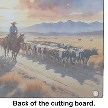 Load image into Gallery viewer, Cattle Drive at Sunset Glass Cutting Boards – Durable, Decorative Kitchen Art