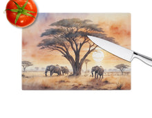 Load image into Gallery viewer, Elephants Savanna Sunrise Glass Cutting Boards – Durable, Decorative Kitchen Art