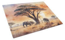 Load image into Gallery viewer, Elephants Savanna Sunrise Glass Cutting Boards – Durable, Decorative Kitchen Art