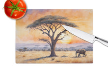 Load image into Gallery viewer, Elephants Savanna Sunrise Glass Cutting Boards – Durable, Decorative Kitchen Art