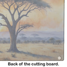 Load image into Gallery viewer, Elephants Savanna Sunrise Glass Cutting Boards – Durable, Decorative Kitchen Art