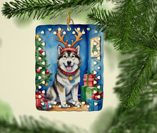 Load image into Gallery viewer, Alaskan Malamute Christmas Reindeer Porcelain Ornament