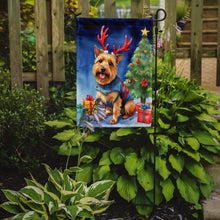 Load image into Gallery viewer, Australian Terrier Christmas Garden Flag – Dog in Reindeer Antlers with Tree &amp; Gifts