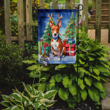 Load image into Gallery viewer, Basenji Christmas Garden Flag – Dog in Reindeer Antlers with Tree &amp; Gifts